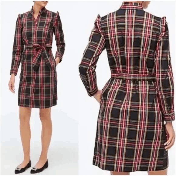 J. Crew Stewart Tartan Plaid Ruffle Neck Mini Shirt Dress Women's Size Small - Picture 1 of 5